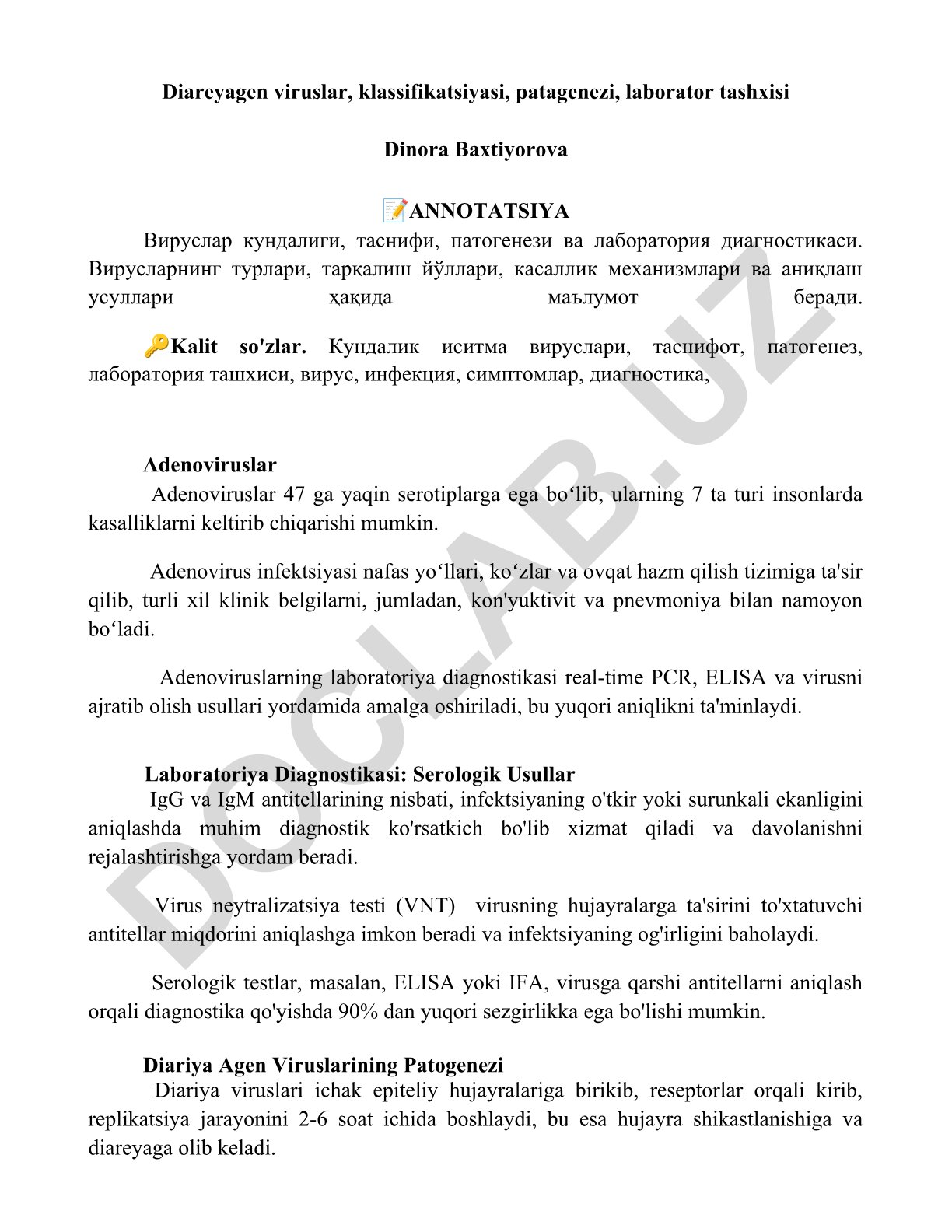 Diareyagen viruslar, klassifikatsiyasi, patagenezi, laborator tashxisi