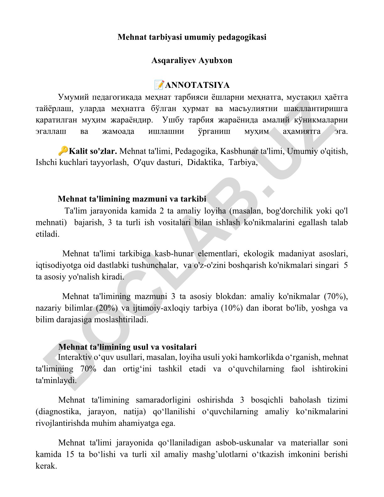 Umumiy pedagogikada mehnat tarbiyasi