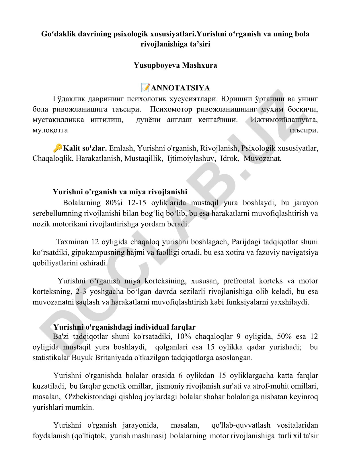 Goʻdaklik davrining psixologik xususiyatlari va yurishni oʻrganishning bola rivojlanishiga taʼsiri