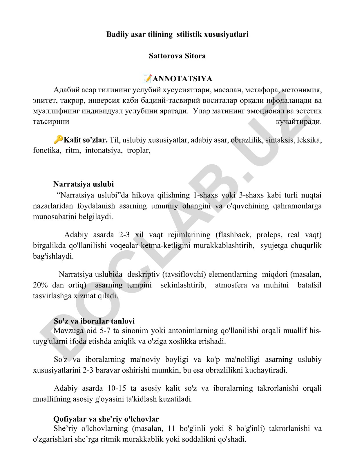 Badiiy asar tilining stilistik xususiyatlari
