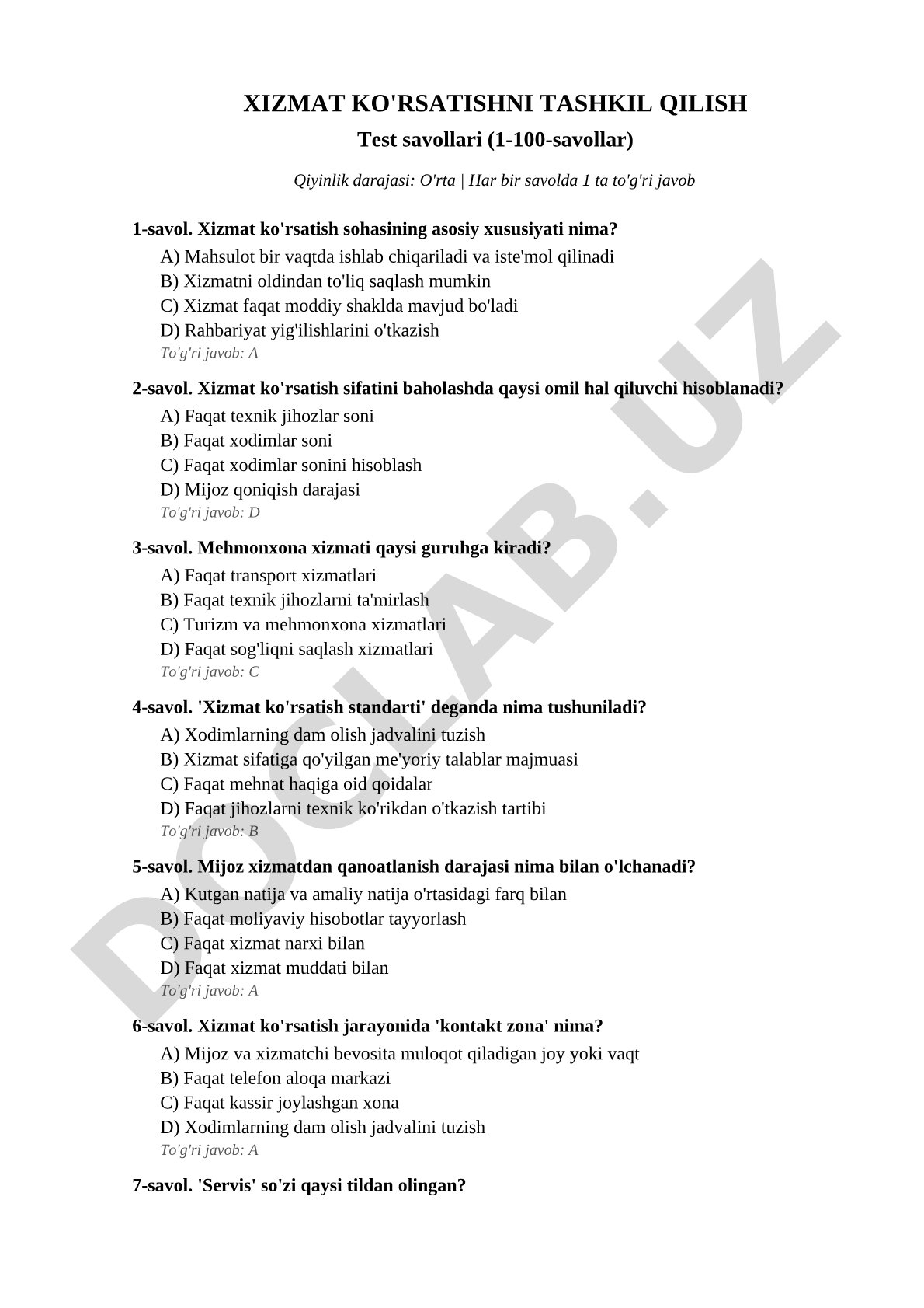 Xizmat ko'rsatishni tashkil qilish test savollari