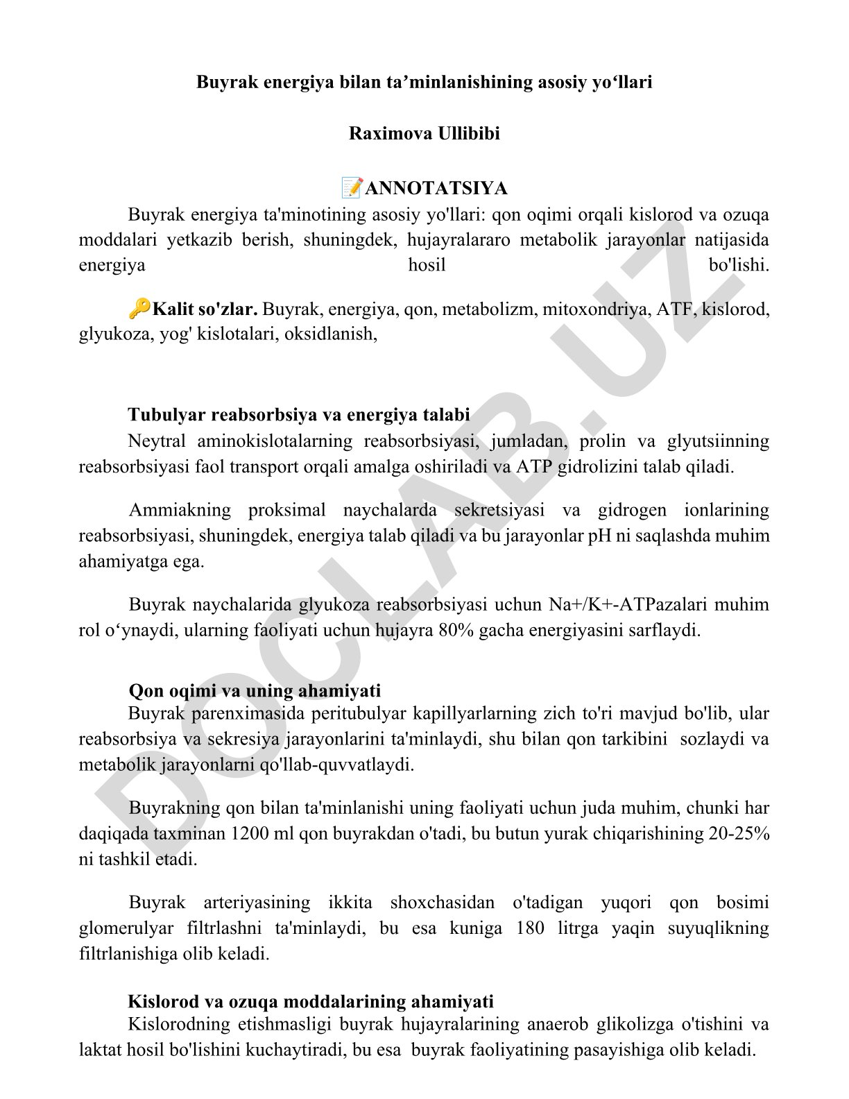 Buyrak energiya bilan taʼminlanishining asosiy yoʻllari