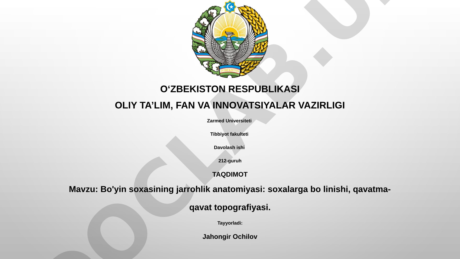 Bo'yin soxasining jarrohlik anatomiyasi: soxalarga bo'linishi, qavatma-qavat topografiyasi