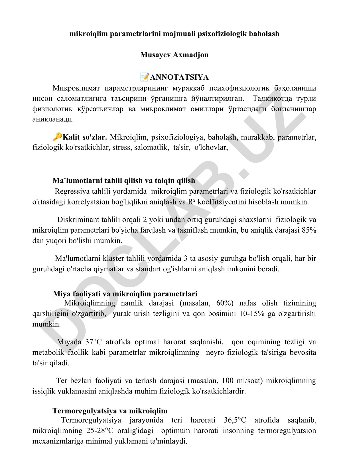 Mikroiqlim parametrlarini majmuali psixofiziologik baholash