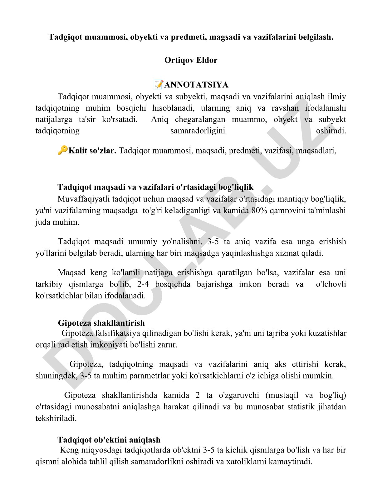 Tadqiqot muammosi, obyekti va predmeti, maqsadi va vazifalarini belgilash