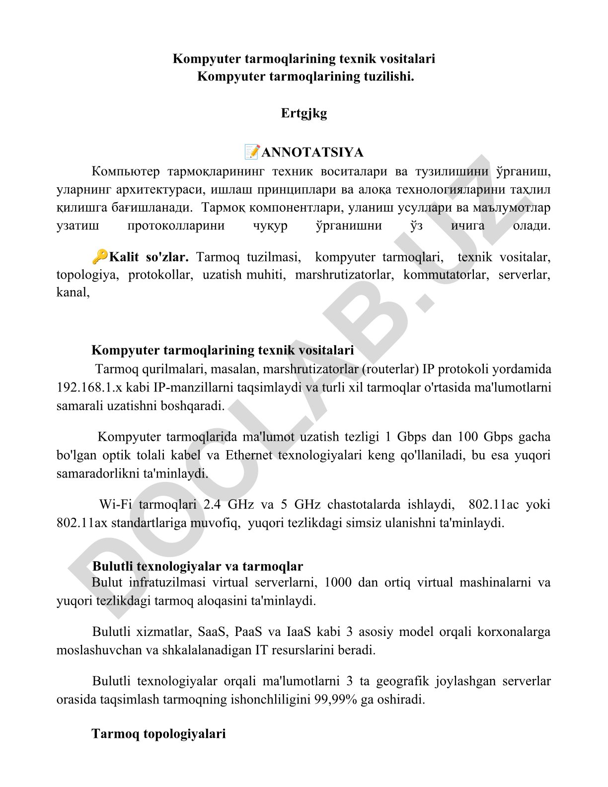 Kompyuter tarmoqlarining texnik vositalari va tuzilishi