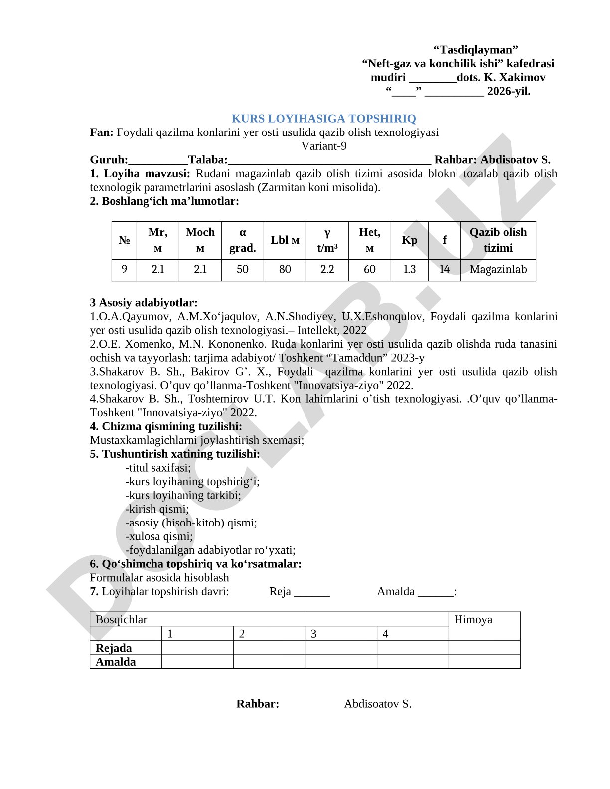 Rudani magazinlab qazib olish tizimi asosida blokni tozalab qazib olish texnologik parametrlarini asoslash (Zarmitan koni misolida)