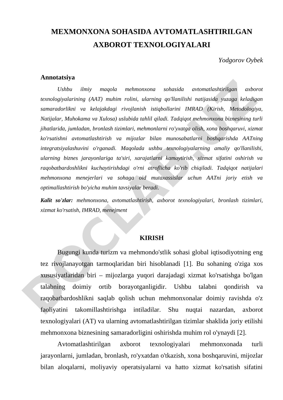 Mehmonxona sohasida avtomatlashtirilgan axborot texnologiyalari