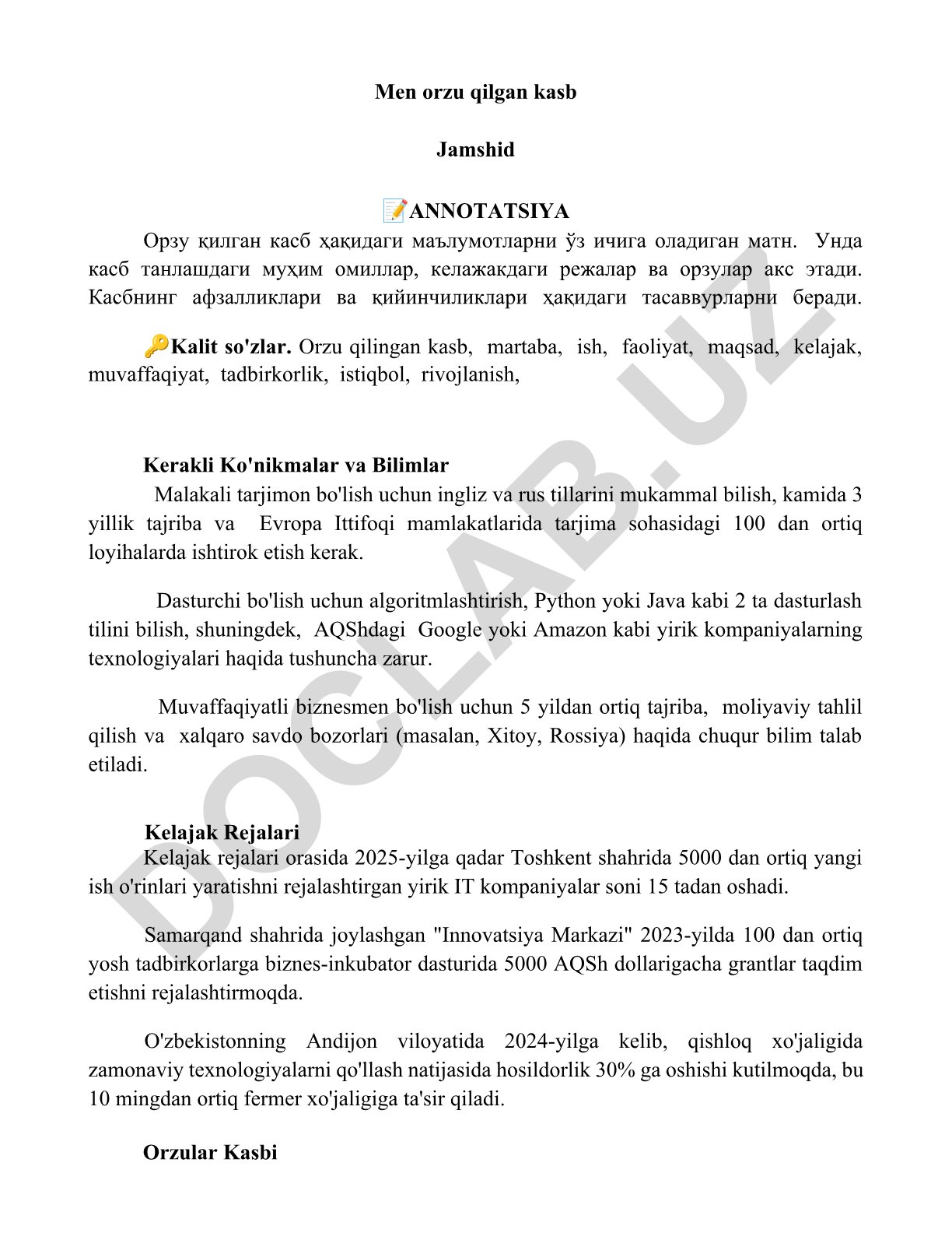 Orzu qilingan kasb haqida ma'lumotlar va kelajak rejalari