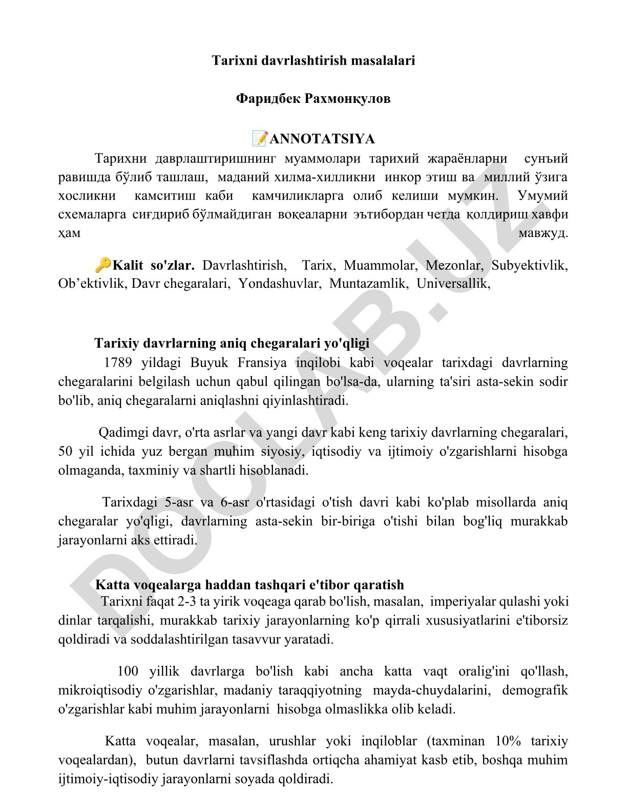 Tarixni davrlashtirish masalalari
