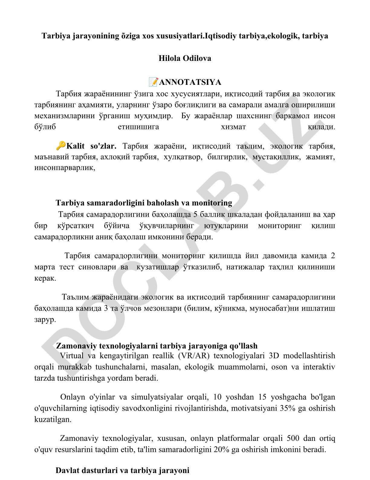 Tarbiya jarayonining o'ziga xos xususiyatlari va samaradorligini baholash