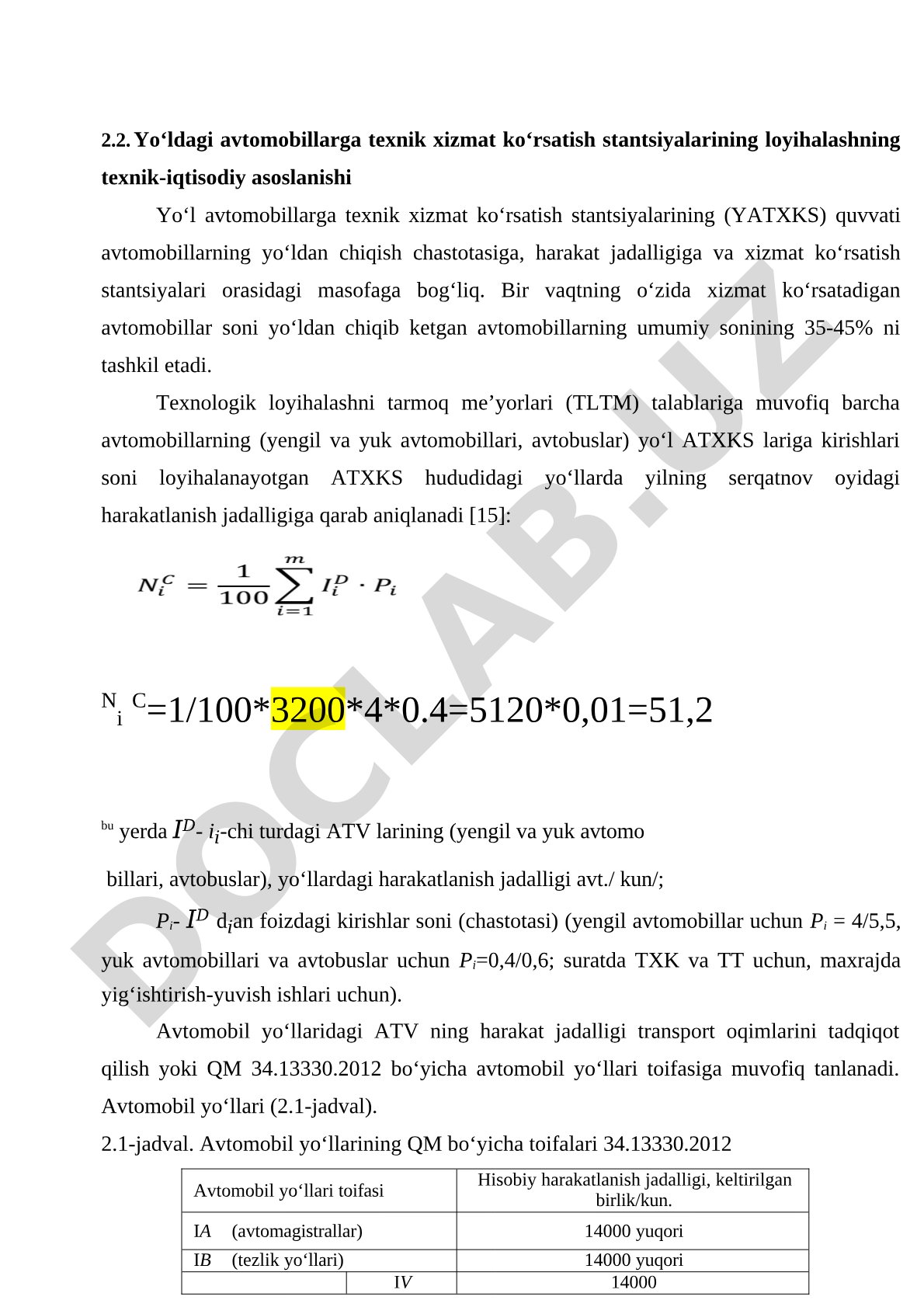 Yo‘ldagi avtomobillarga texnik xizmat ko‘rsatish stantsiyalarining loyihalashning texnik-iqtisodiy asoslanishi