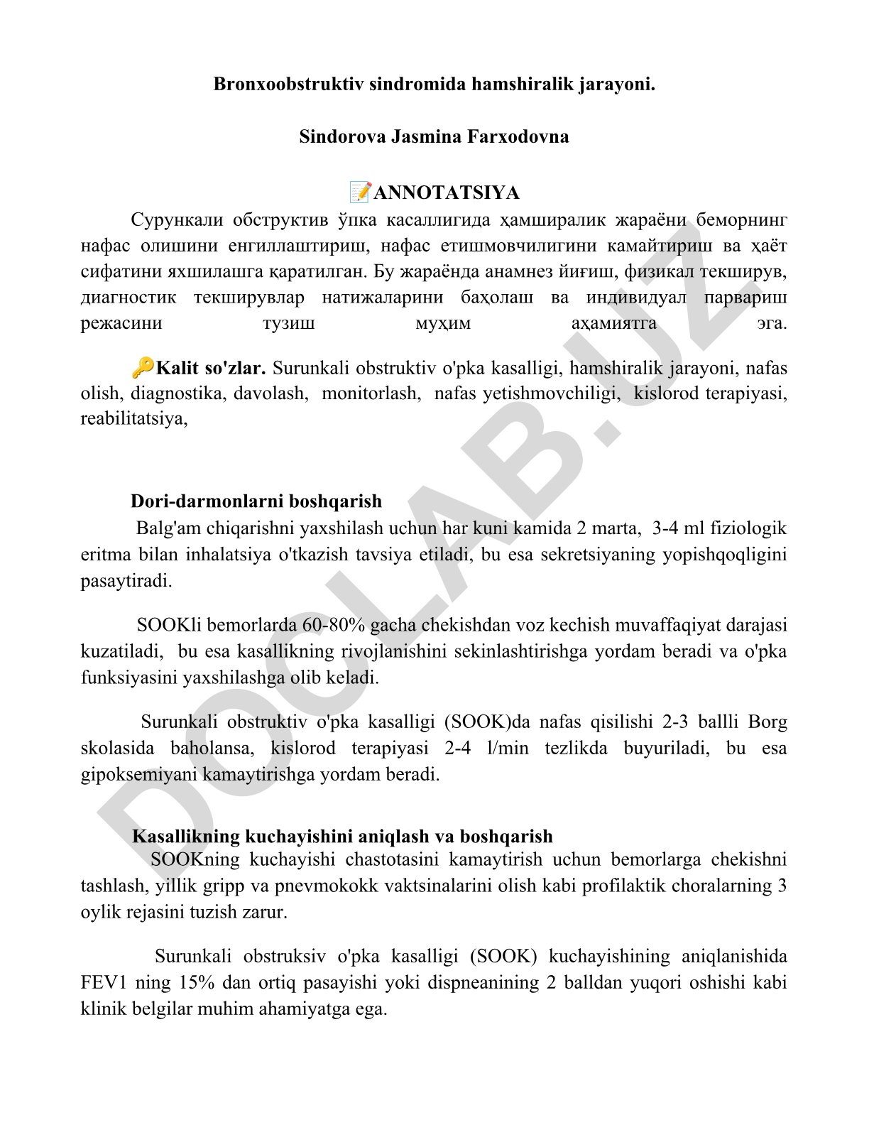 Bronxoobstruktiv sindromida hamshiralik jarayoni
