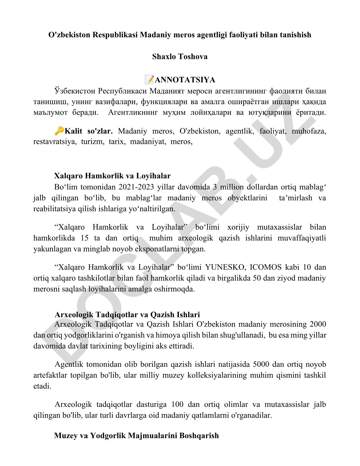 O'zbekiston Respublikasi Madaniy meros agentligi faoliyati