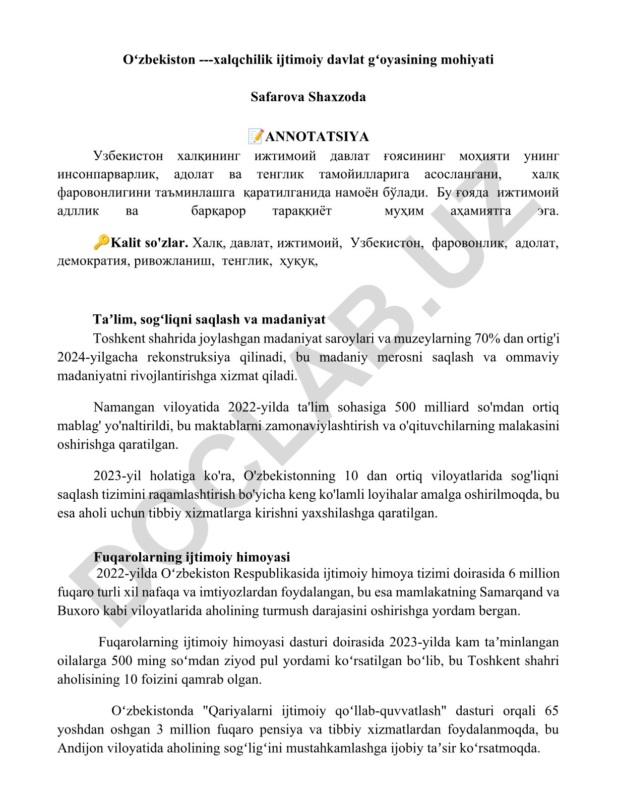 Oʻzbekistonda xalqchilik ijtimoiy davlat gʻoyasining mohiyati