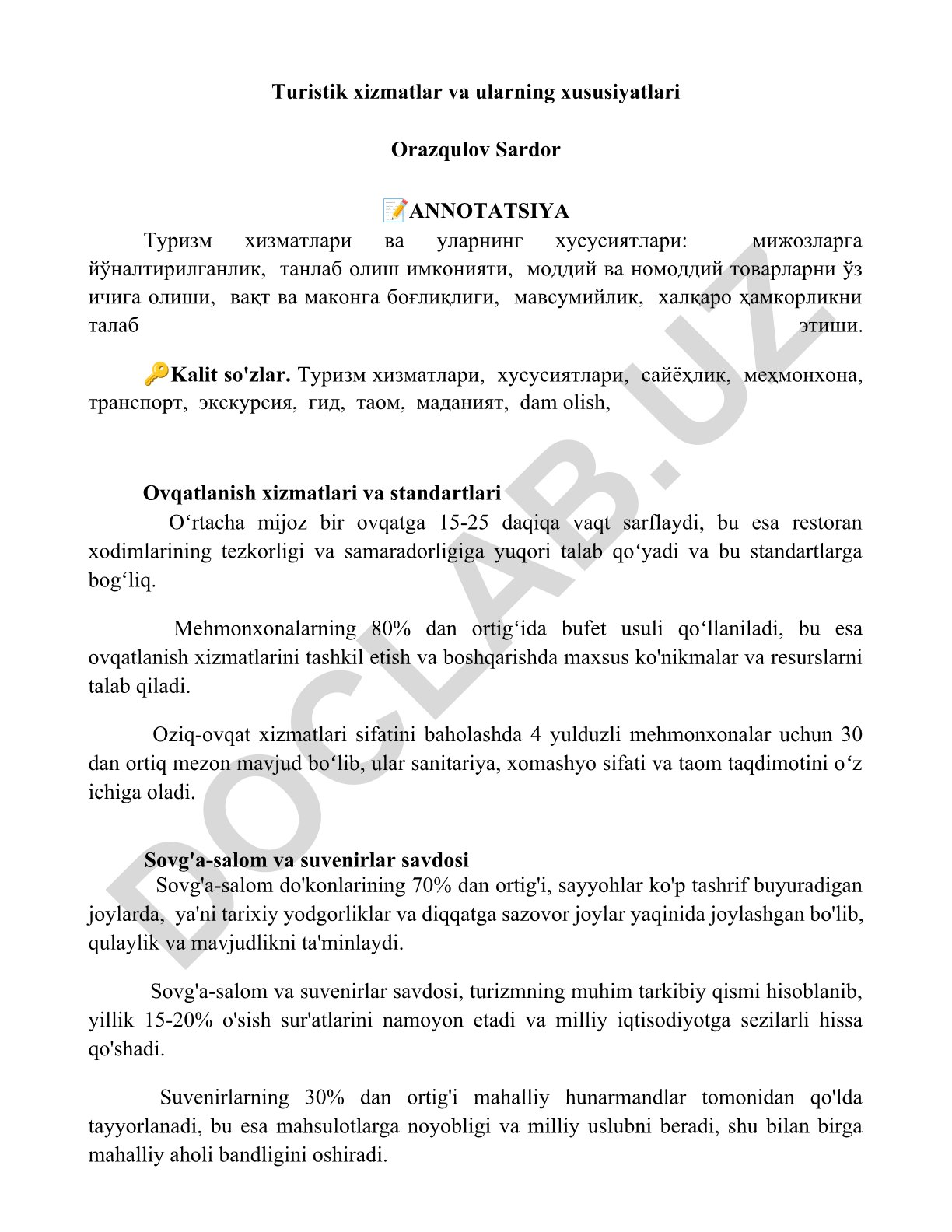 Turistik xizmatlar va ularning xususiyatlari