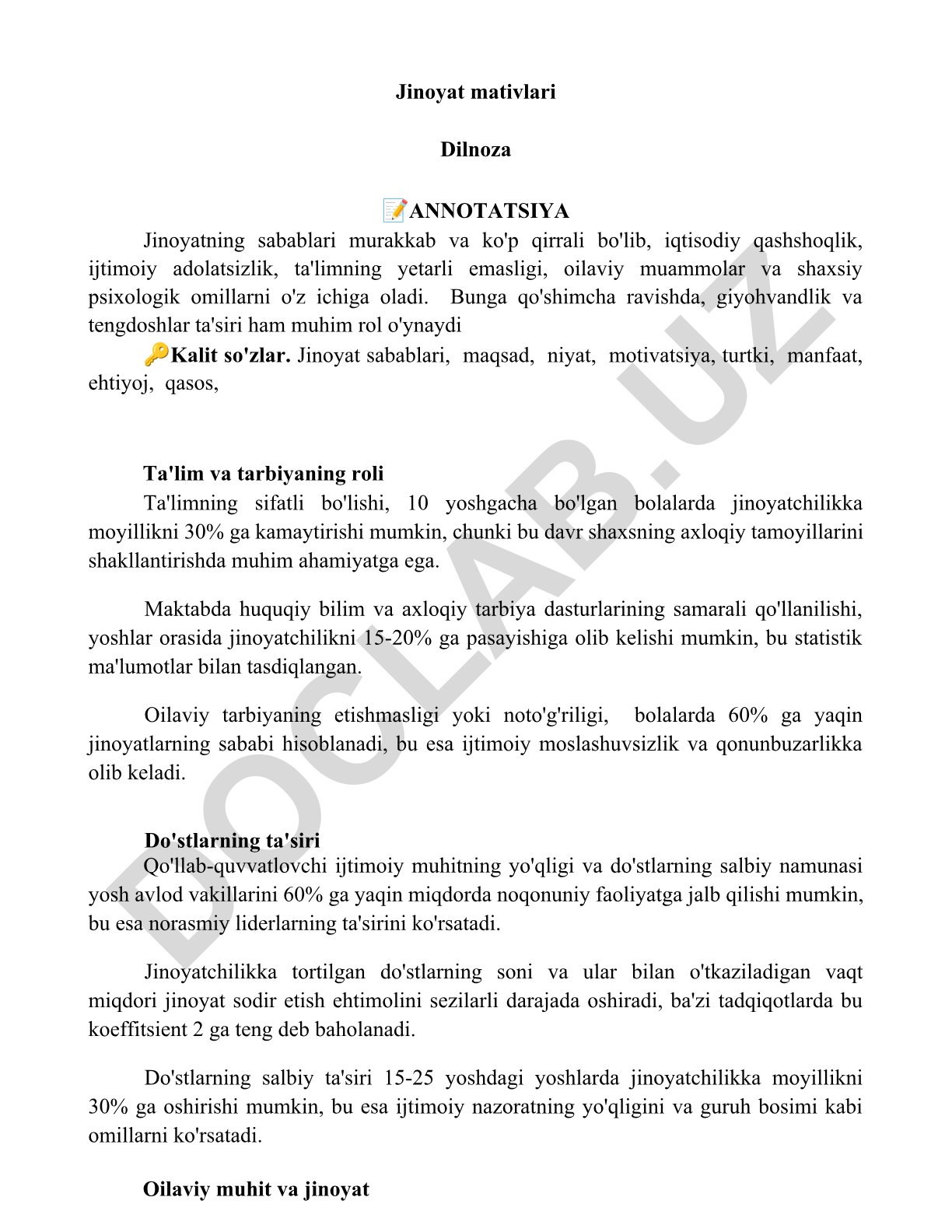 Jinoyat sabablari va oldini olish choralari