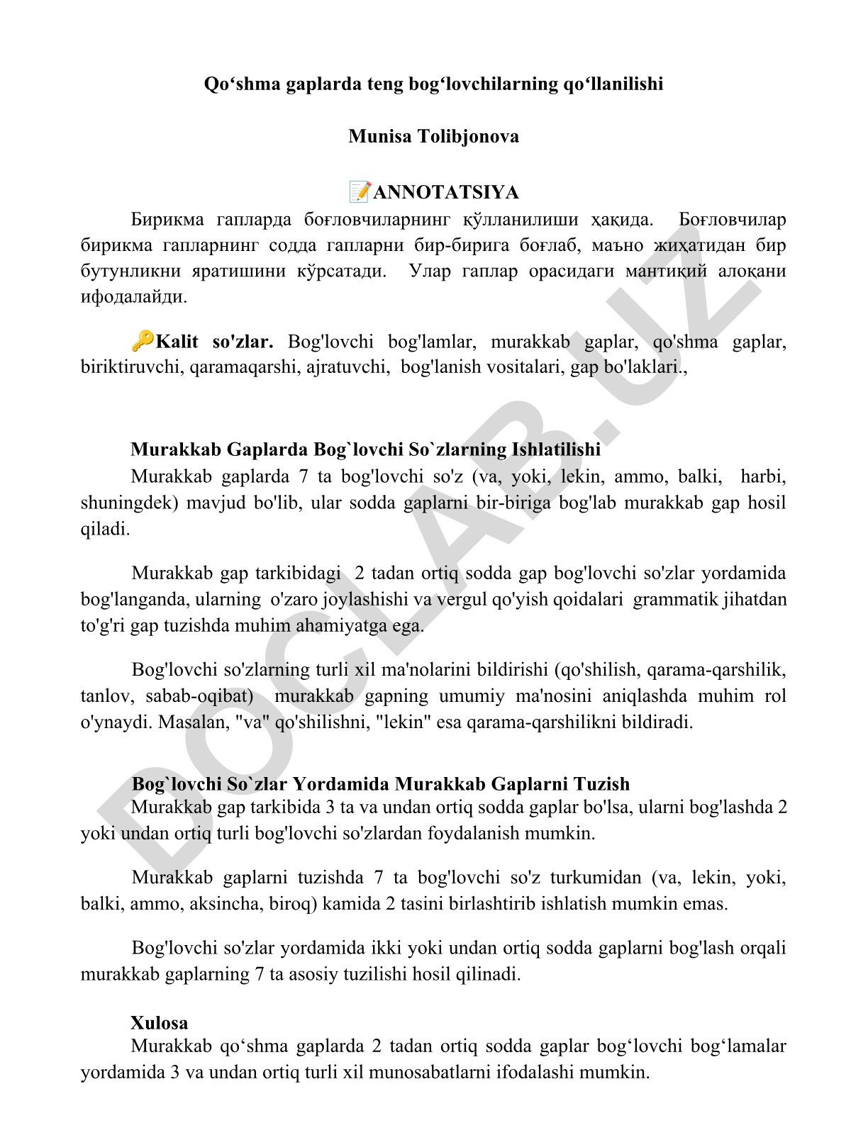 Qo'shma va murakkab gaplarda bog'lovchi so'zlarning qo'llanilishi