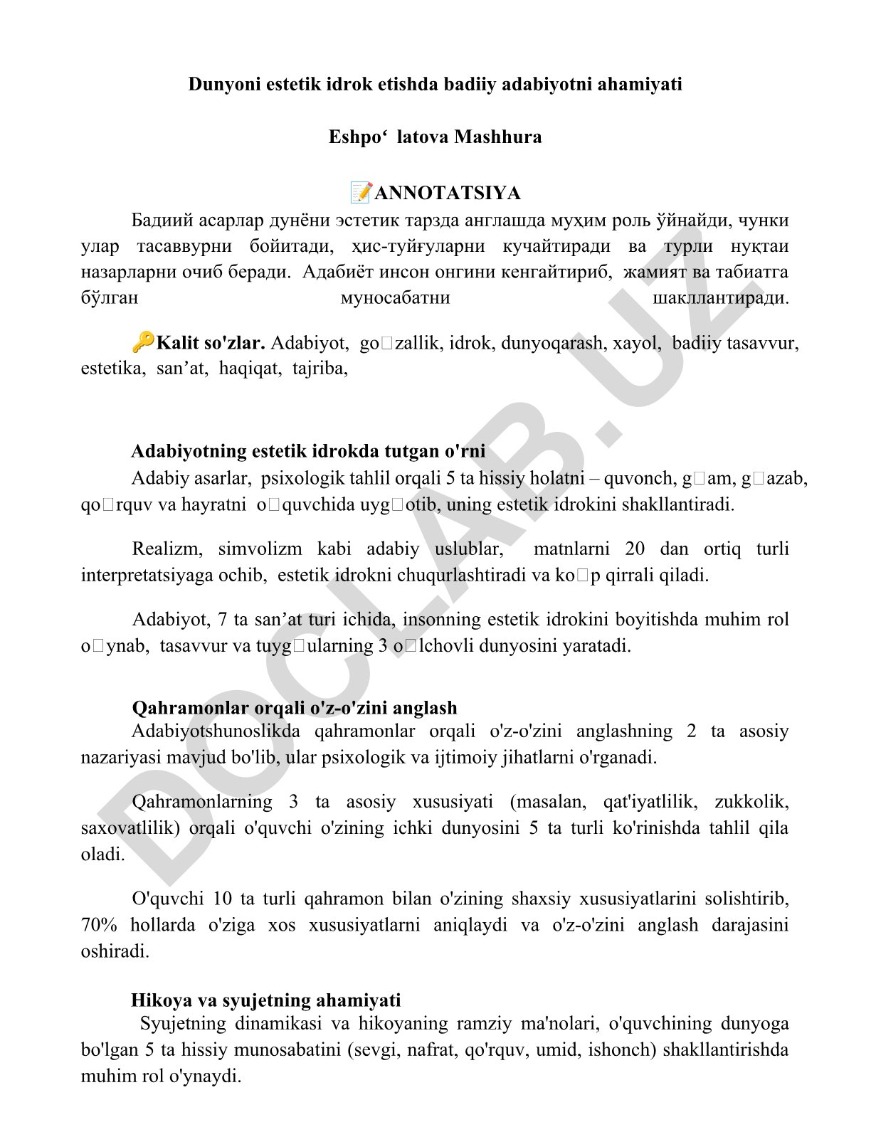 Dunyoni estetik idrok etishda badiiy adabiyotni ahamiyati