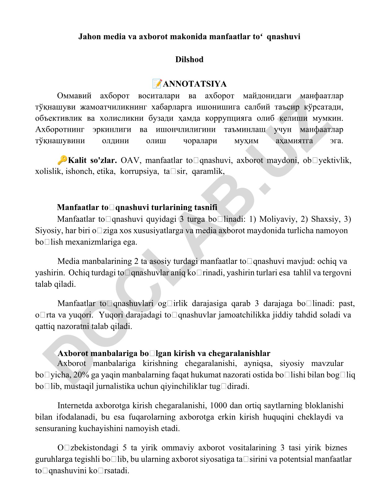 Ommaviy axborot vositalarida manfaatlar toʻqnashuvi va uning taʼsirlari
