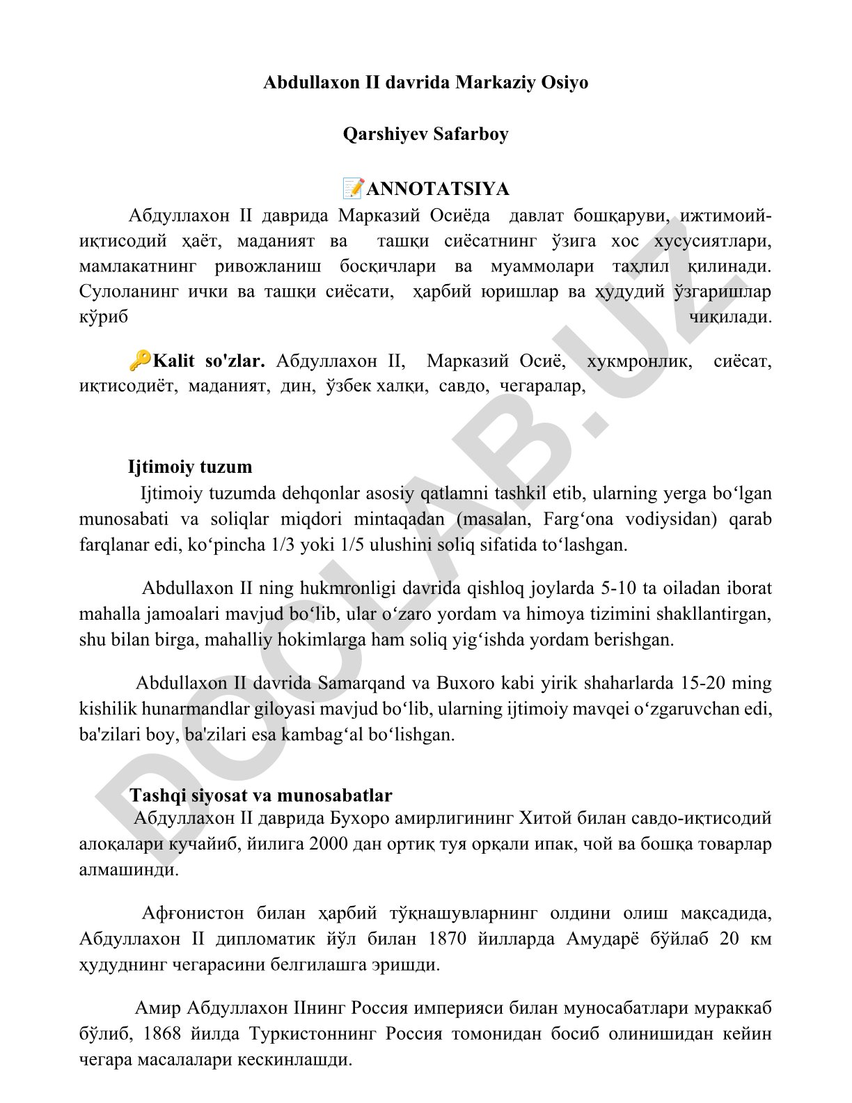 Abdullaxon II davrida Markaziy Osiyoda davlat boshqaruvi, iqtisodiyot va madaniyat