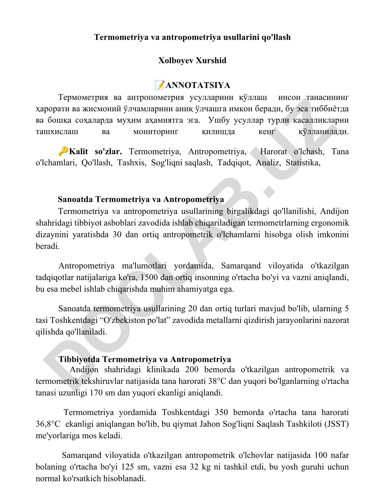 Termometriya va antropometriya usullarini qo'llash