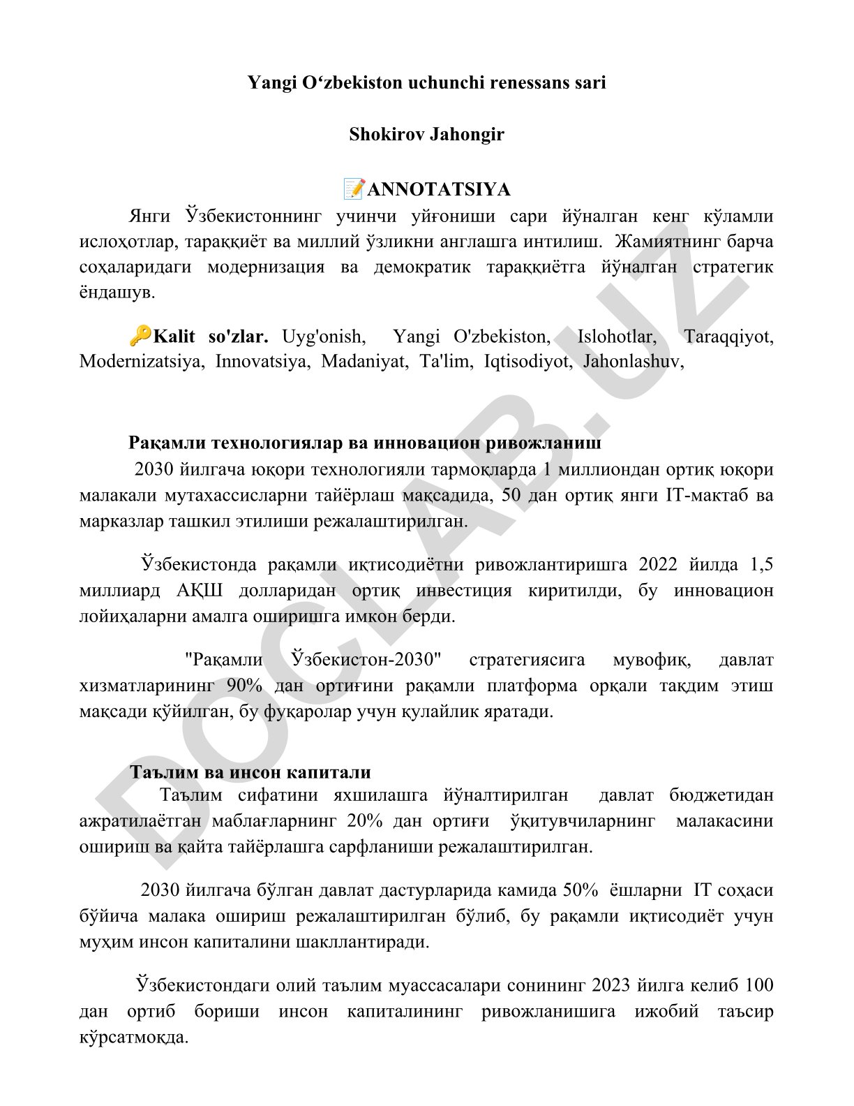 Yangi Oʻzbekiston uchunchi renessans sari