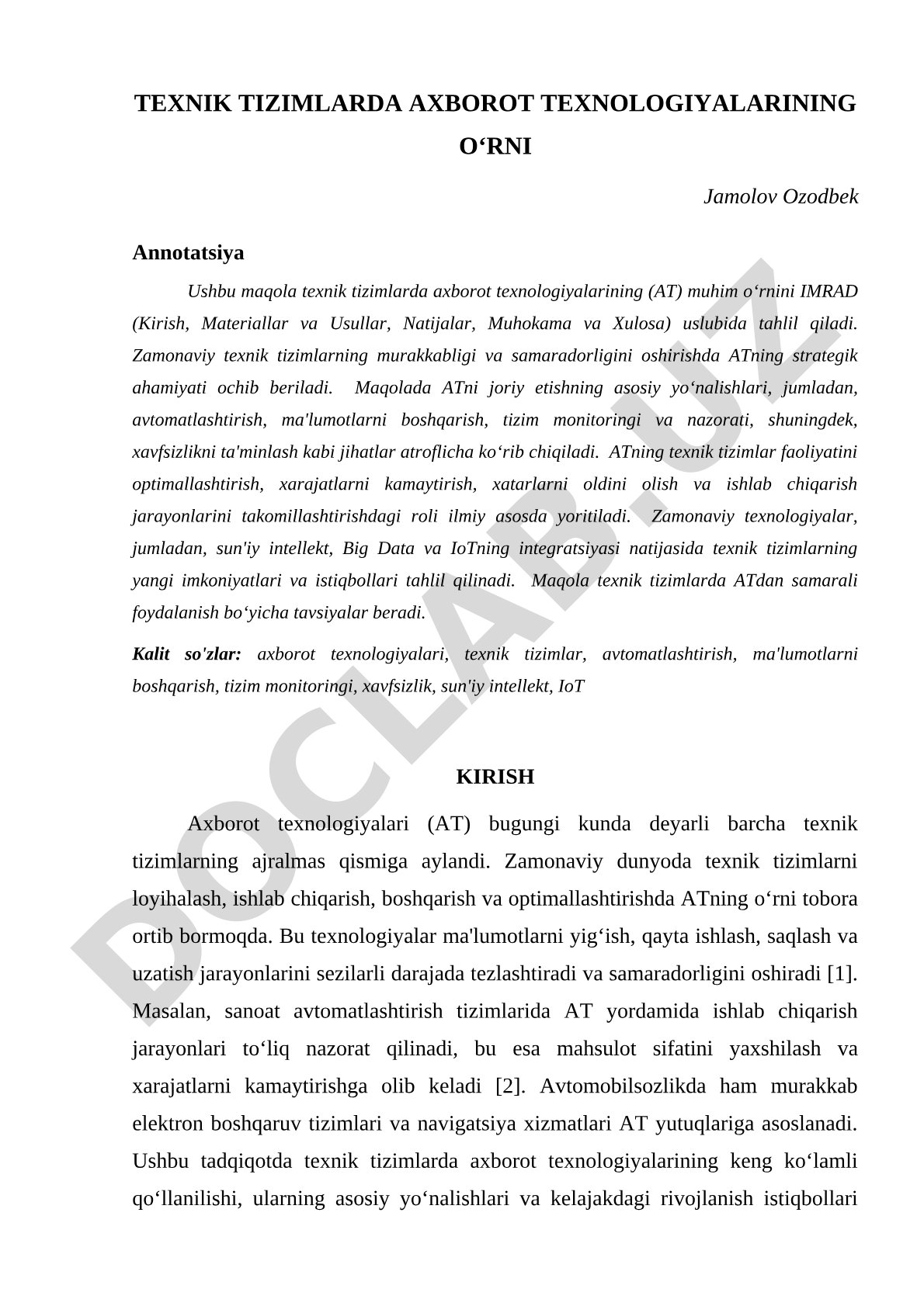 Texnik tizimlarda axborot texnologiyalarining o‘rni