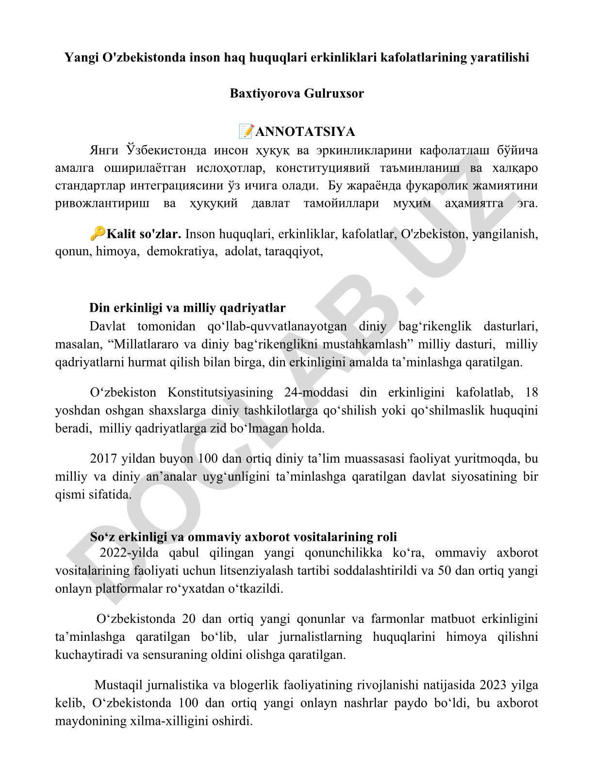 Yangi O'zbekistonda inson huquqlari va erkinliklarining kafolatlanishi