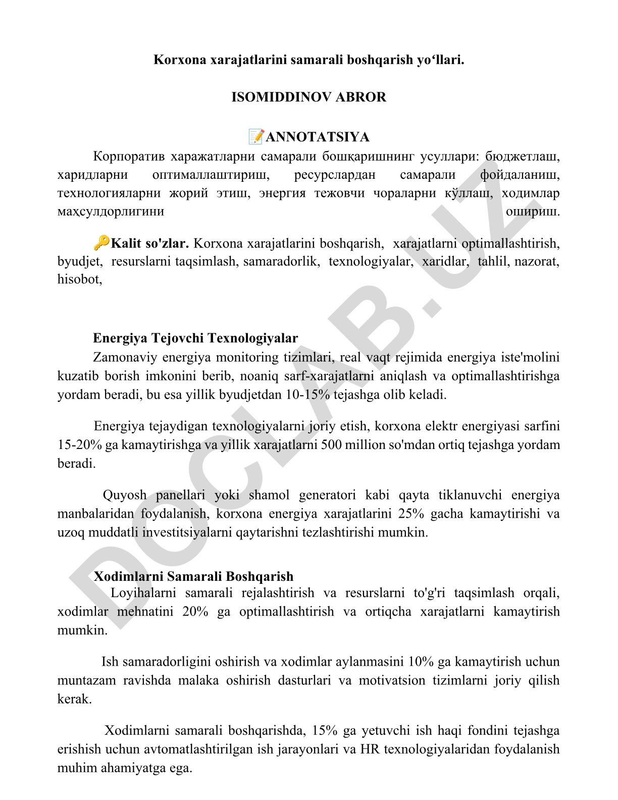 Korxona xarajatlarini samarali boshqarish yoʻllari