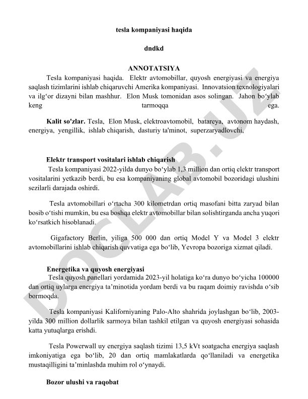 Tesla kompaniyasi haqida ma'lumot