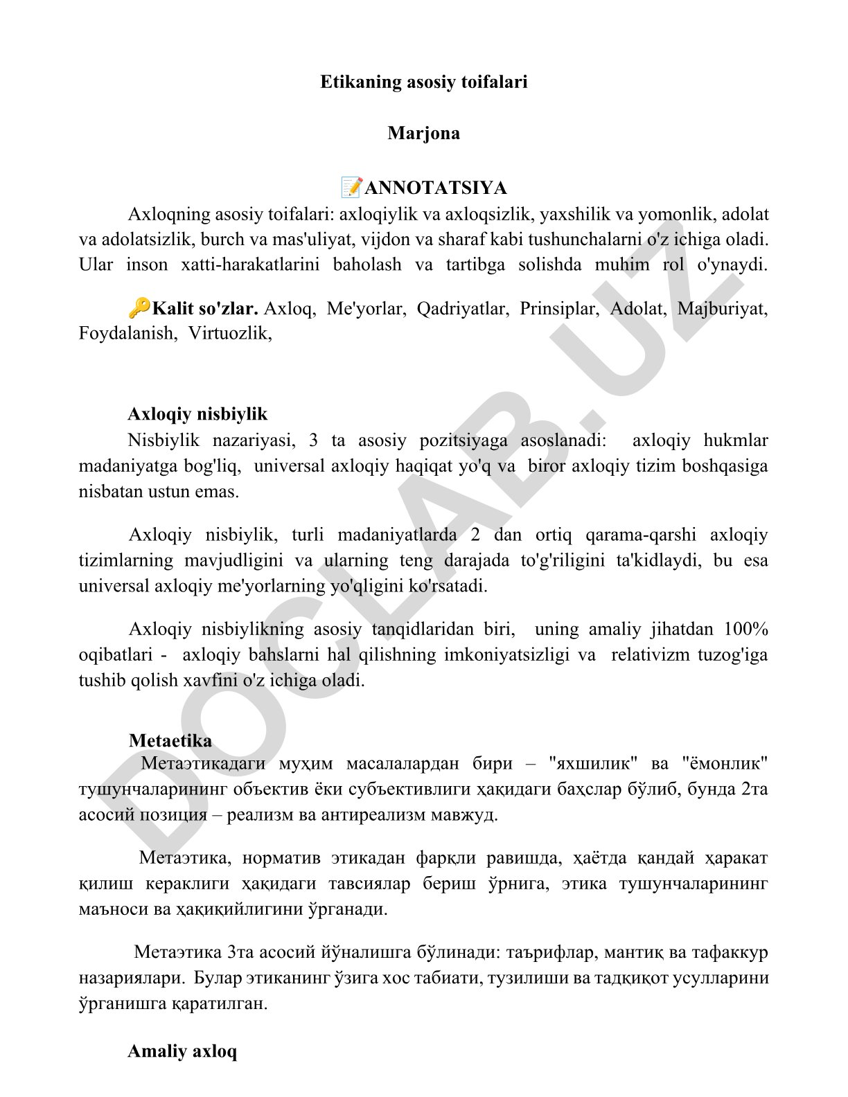 Axloqning asosiy toifalari va axloqiy nisbiylik