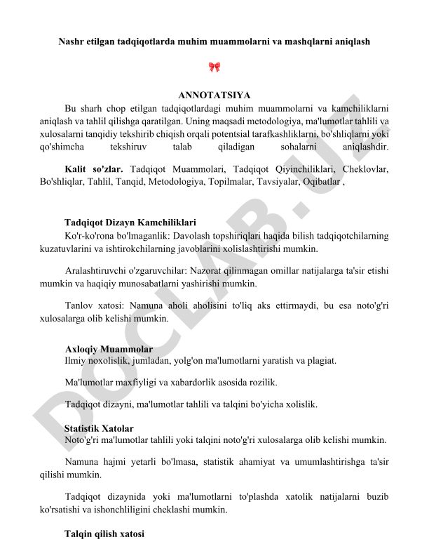 Nashr etilgan tadqiqotlardagi muammolar va kamchiliklarni aniqlash