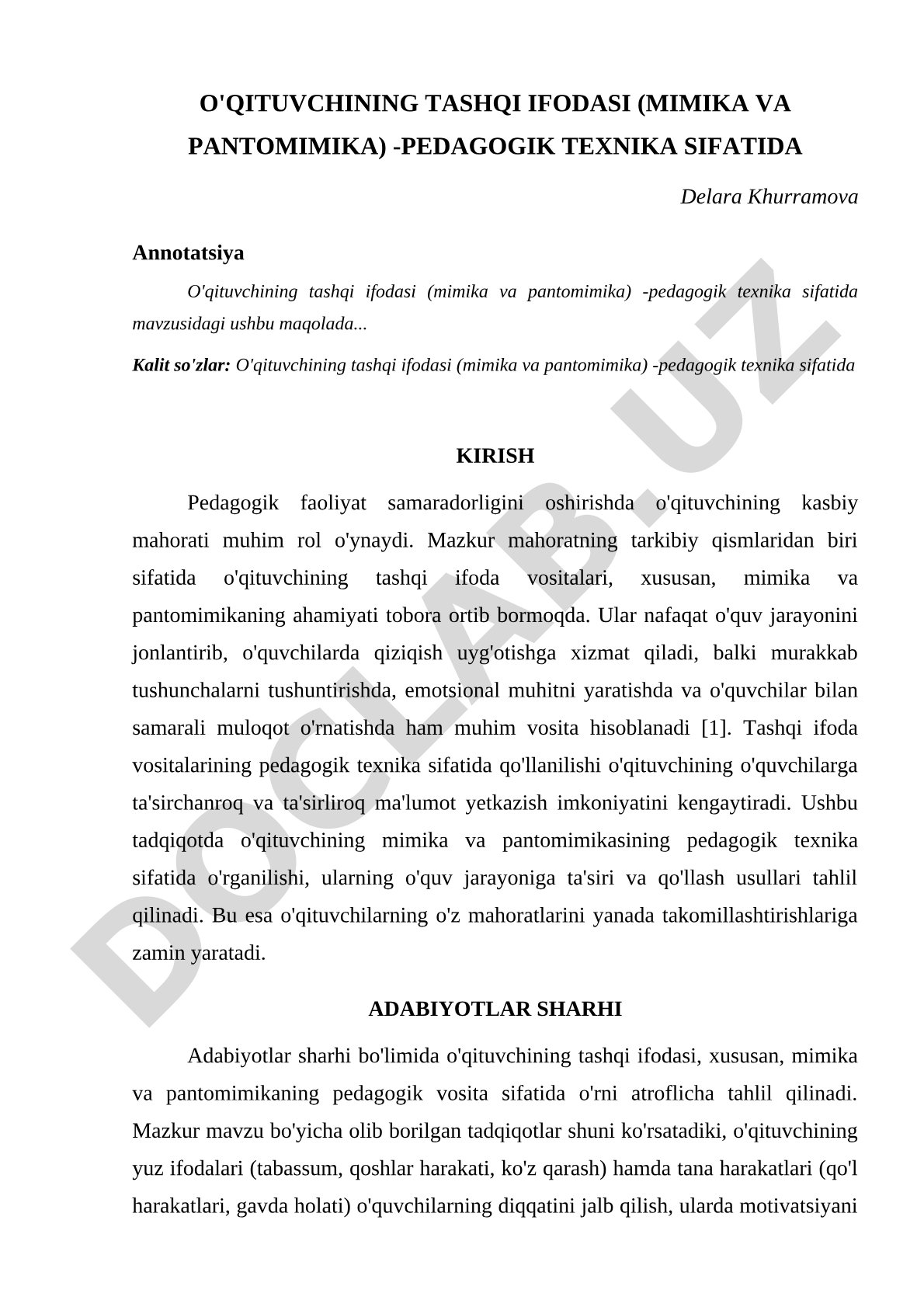 O'qituvchining tashqi ifodasi (mimika va pantomimika) - pedagogik texnika sifatida