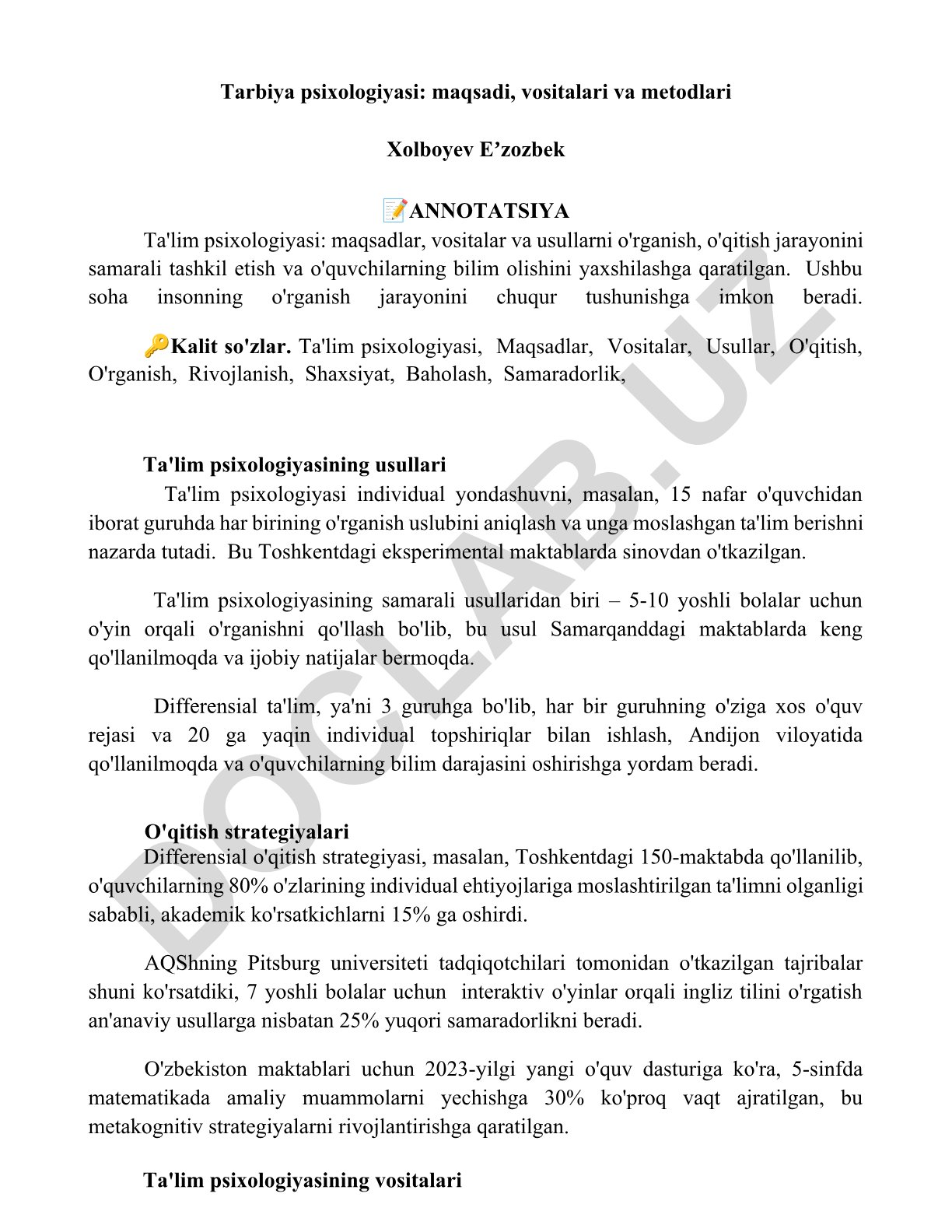 Tarbiya psixologiyasi: maqsadi, vositalari va metodlari
