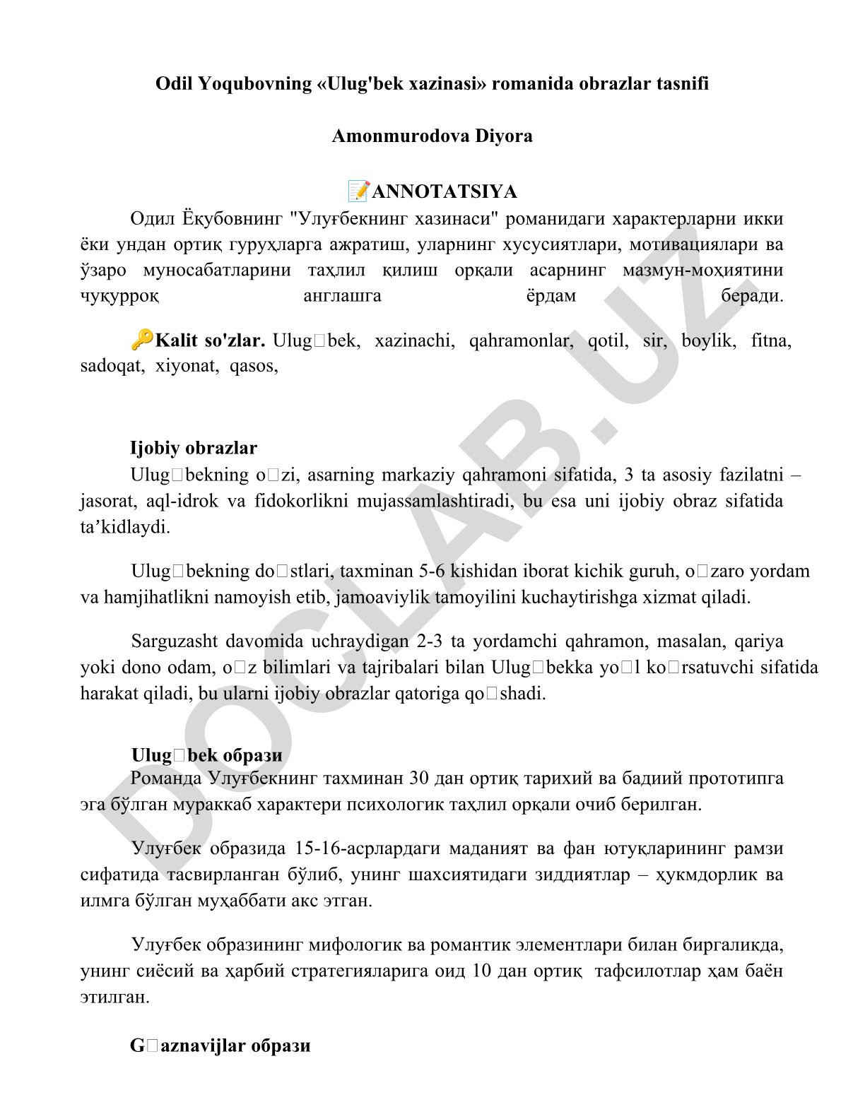 Odil Yoqubovning «Ulug'bek xazinasi» romanida obrazlar tasnifi