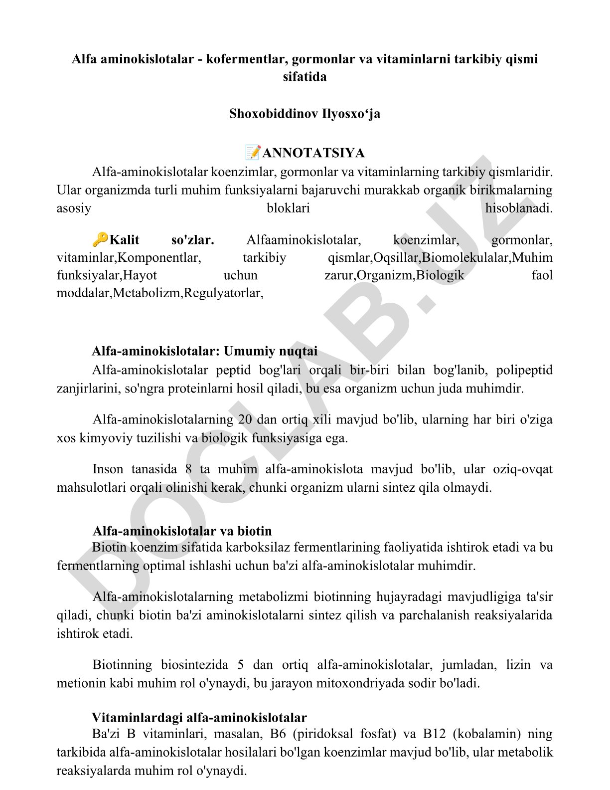 Alfa aminokislotalar - kofermentlar, gormonlar va vitaminlarning tarkibiy qismlari