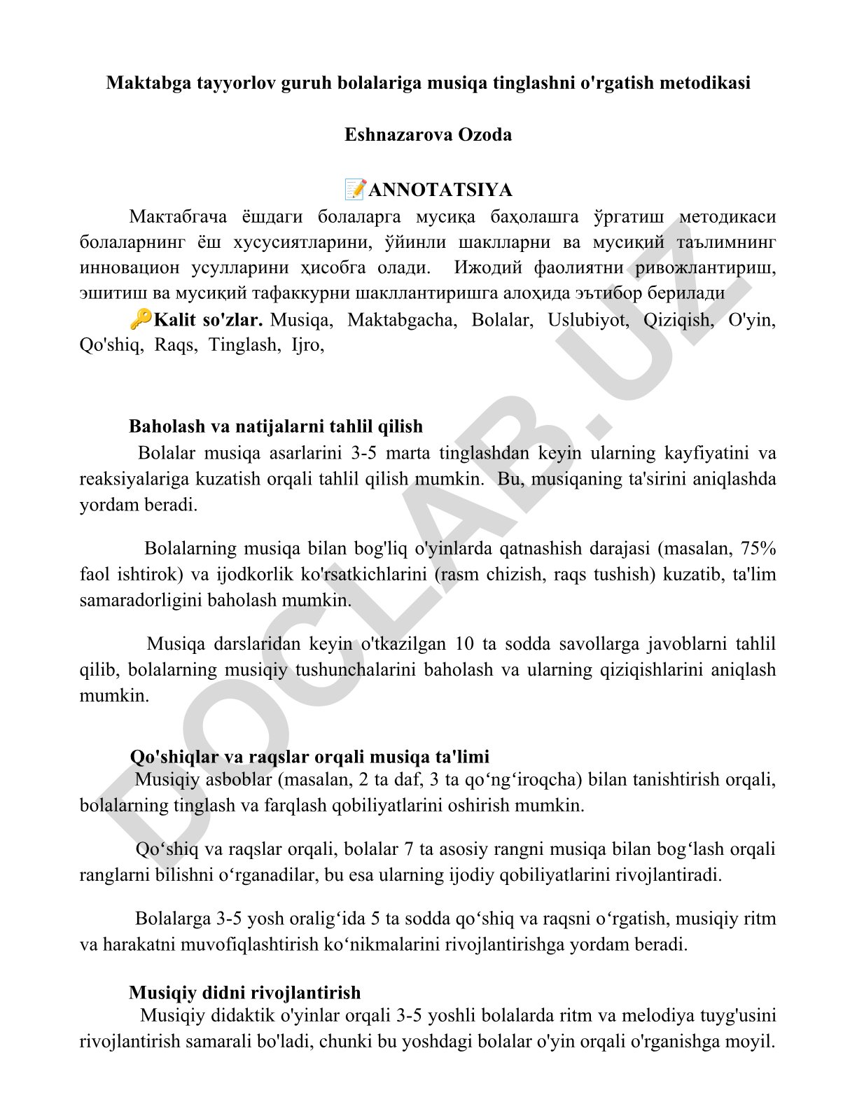 Maktabgacha yoshdagi bolalarga musiqa tinglashni o'rgatish metodikasi