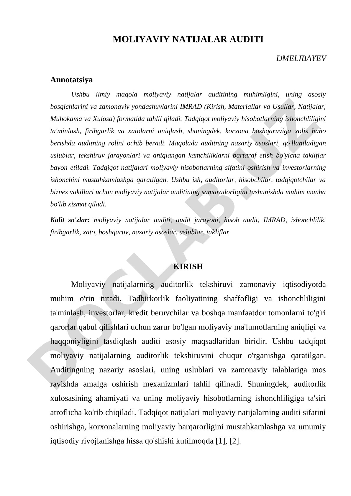 Moliyaviy natijalar auditining nazariy asoslari va uslublari