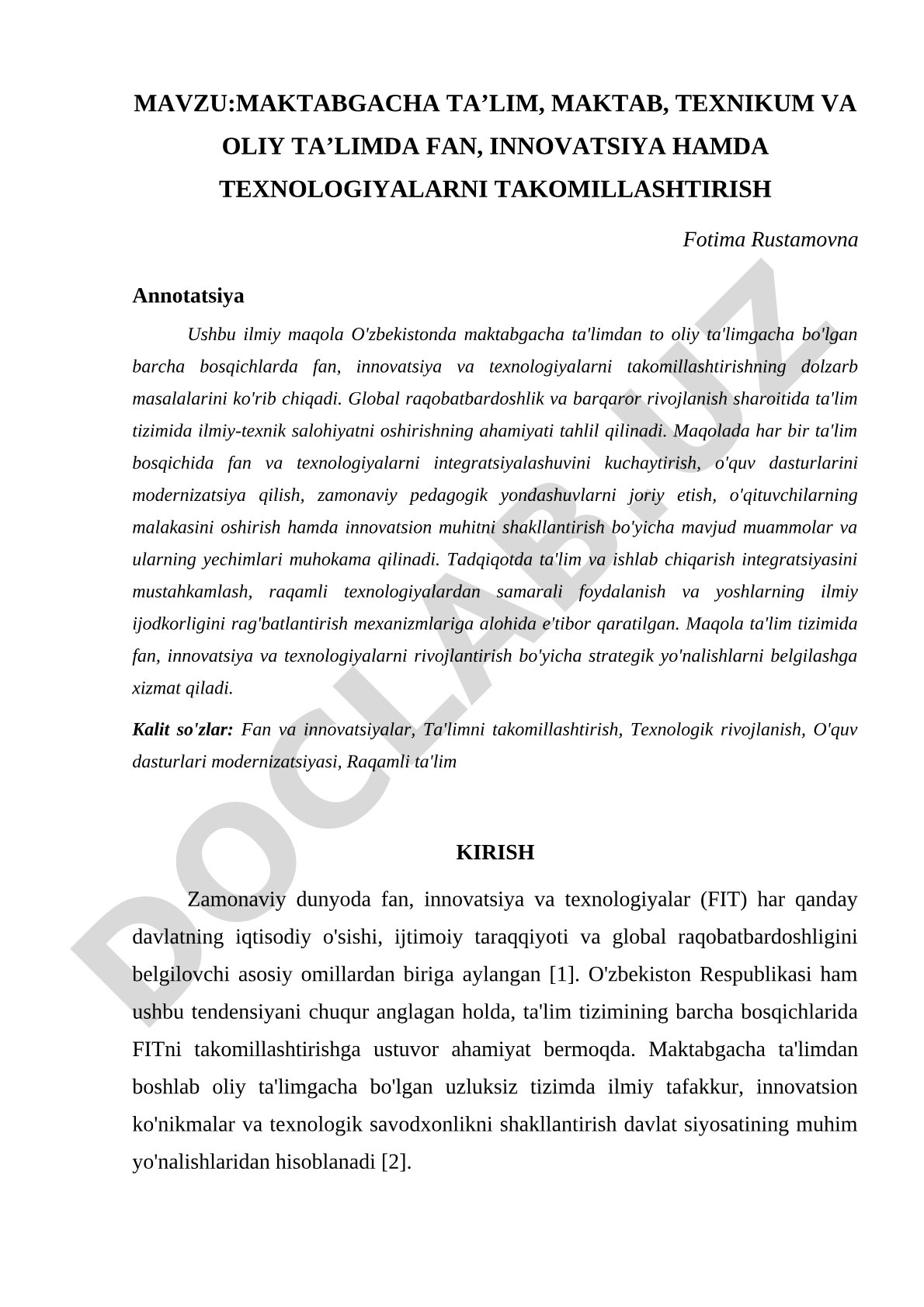 Maktabgacha ta'lim, maktab, texnikum va oliy ta'limda fan, innovatsiya hamda texnologiyalarni takomillashtirish