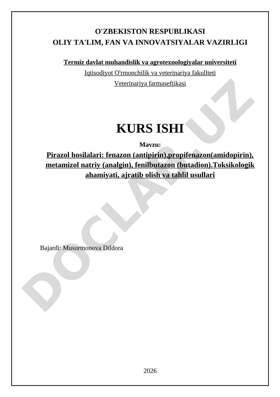 Pirazol hosilalari: fenazon, propifenazon, metamizol natriy, fenilbutazon. Toksikologik ahamiyati, ajratib olish va tahlil usullari