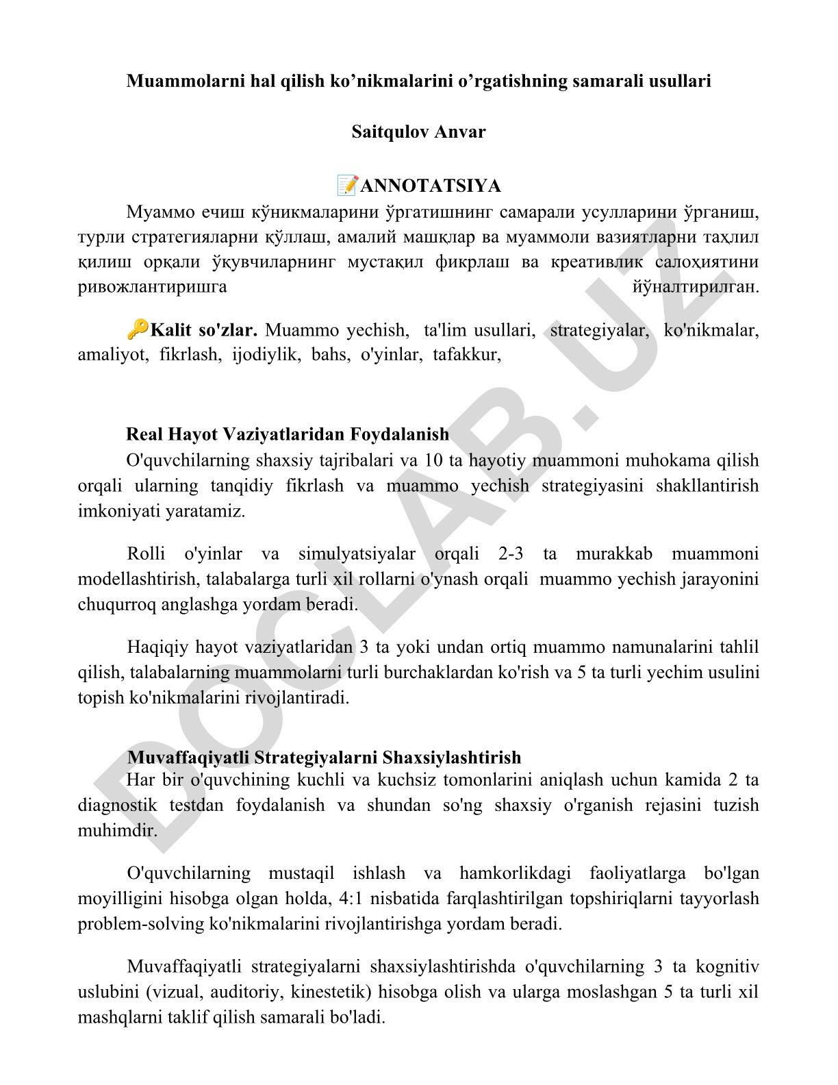 Muammolarni hal qilish ko’nikmalarini o’rgatishning samarali usullari
