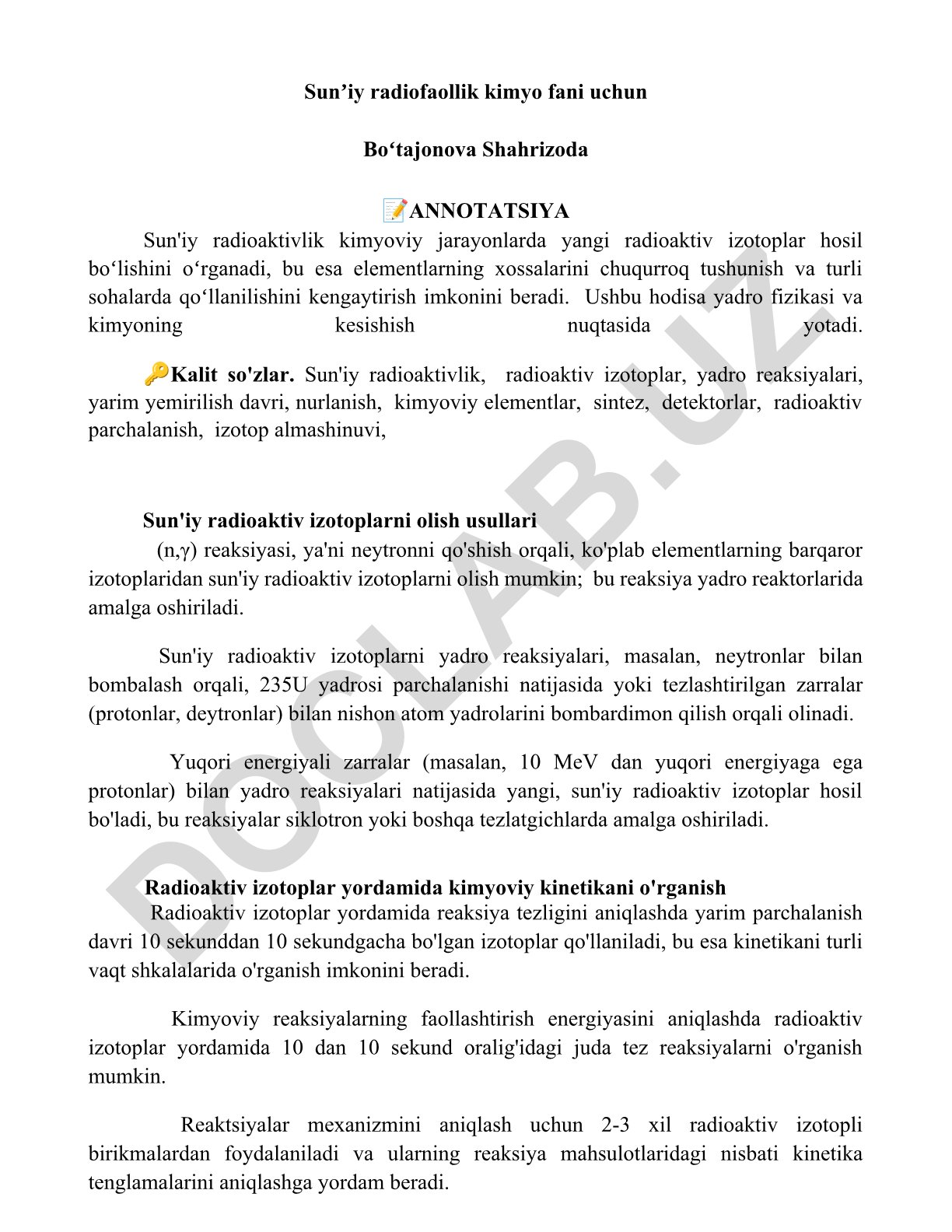 Sun'iy radioaktivlik kimyo fani uchun