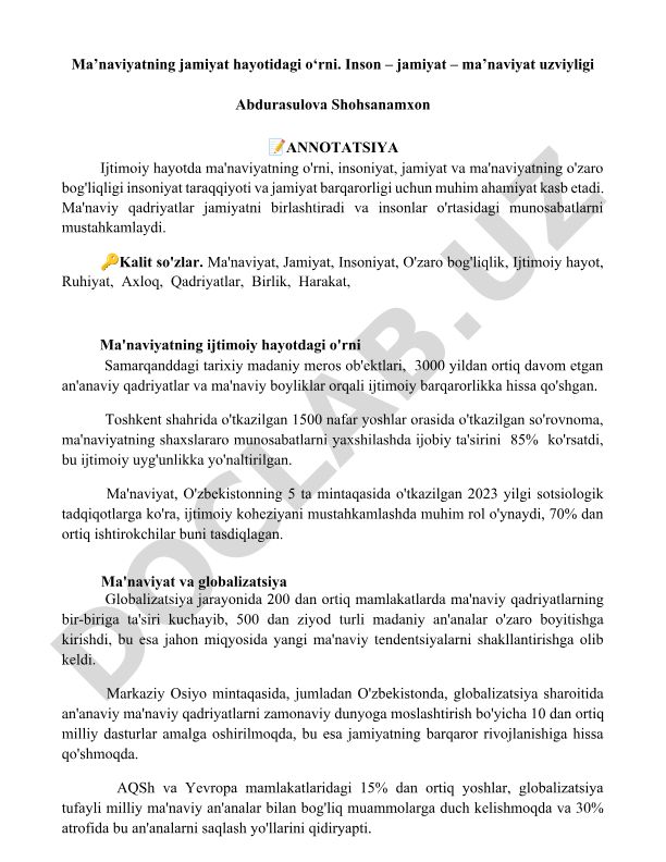 Ma’naviyatning jamiyat hayotidagi o‘rni va inson-jamiyat-ma’naviyat uzviyligi