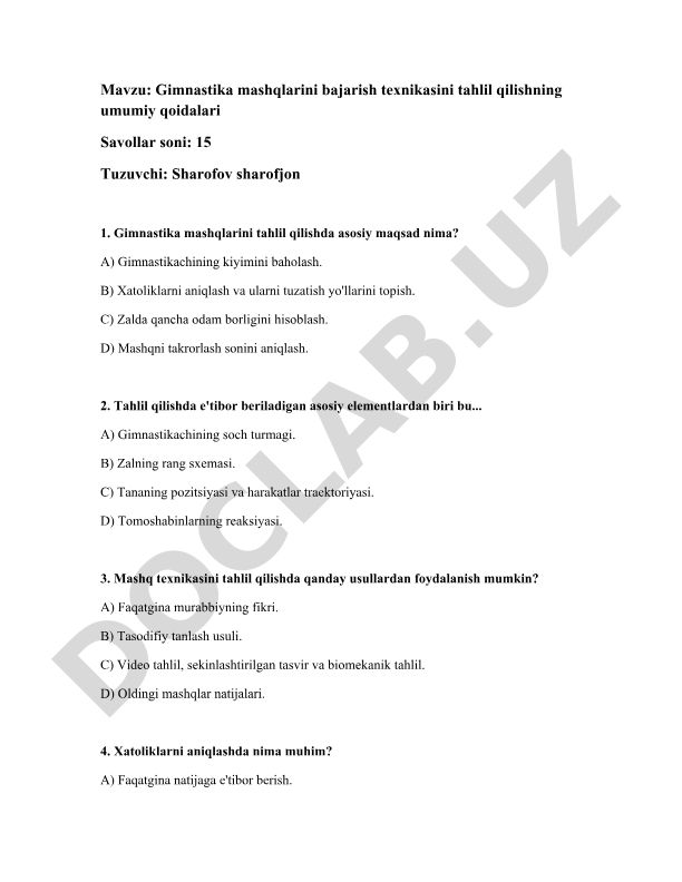 Gimnastika mashqlarini bajarish texnikasini tahlil qilishning umumiy qoidalari