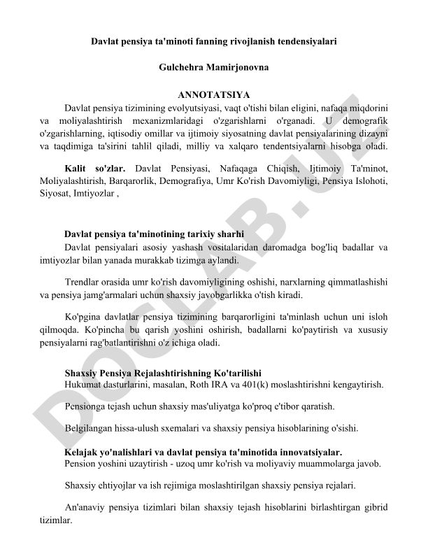 Davlat pensiya ta'minoti fanning rivojlanish tendensiyalari