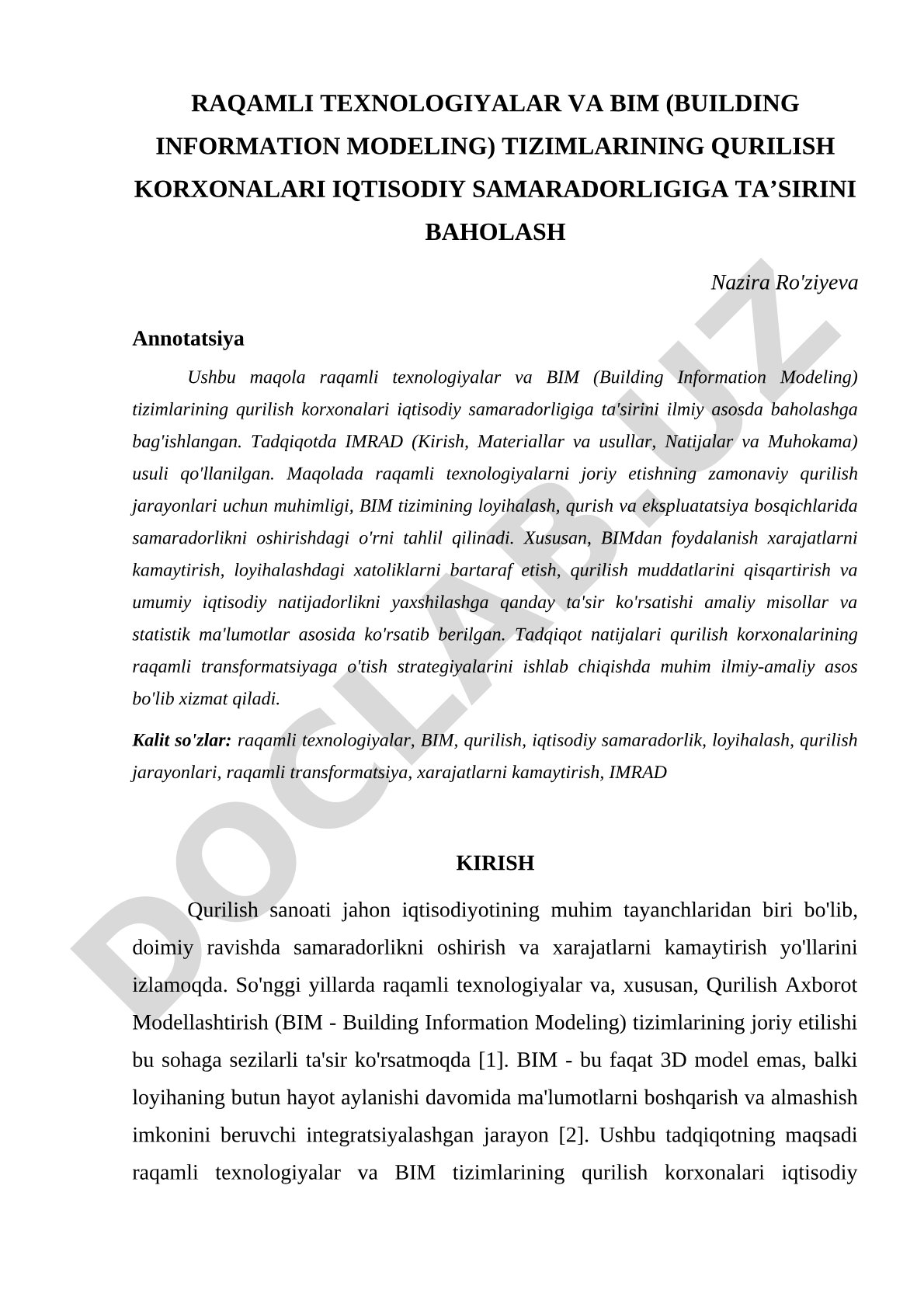Raqamli texnologiyalar va BIM tizimlarining qurilish korxonalari iqtisodiy samaradorligiga ta'sirini baholash