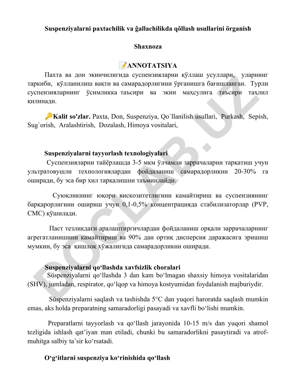 Paxta va don ekinlarida suspenziyalarni qo‘llash usullari