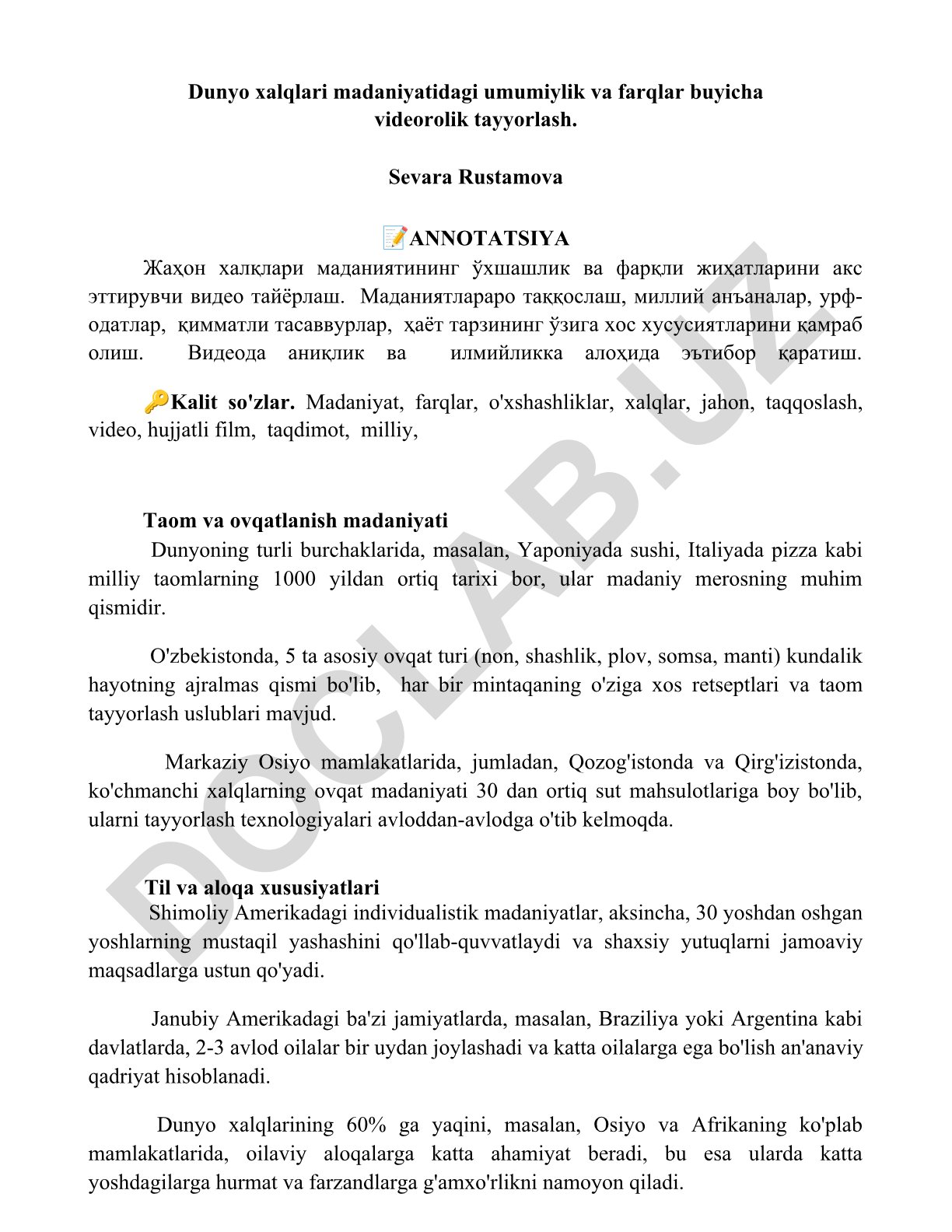 Dunyo xalqlari madaniyatidagi umumiylik va farqlar