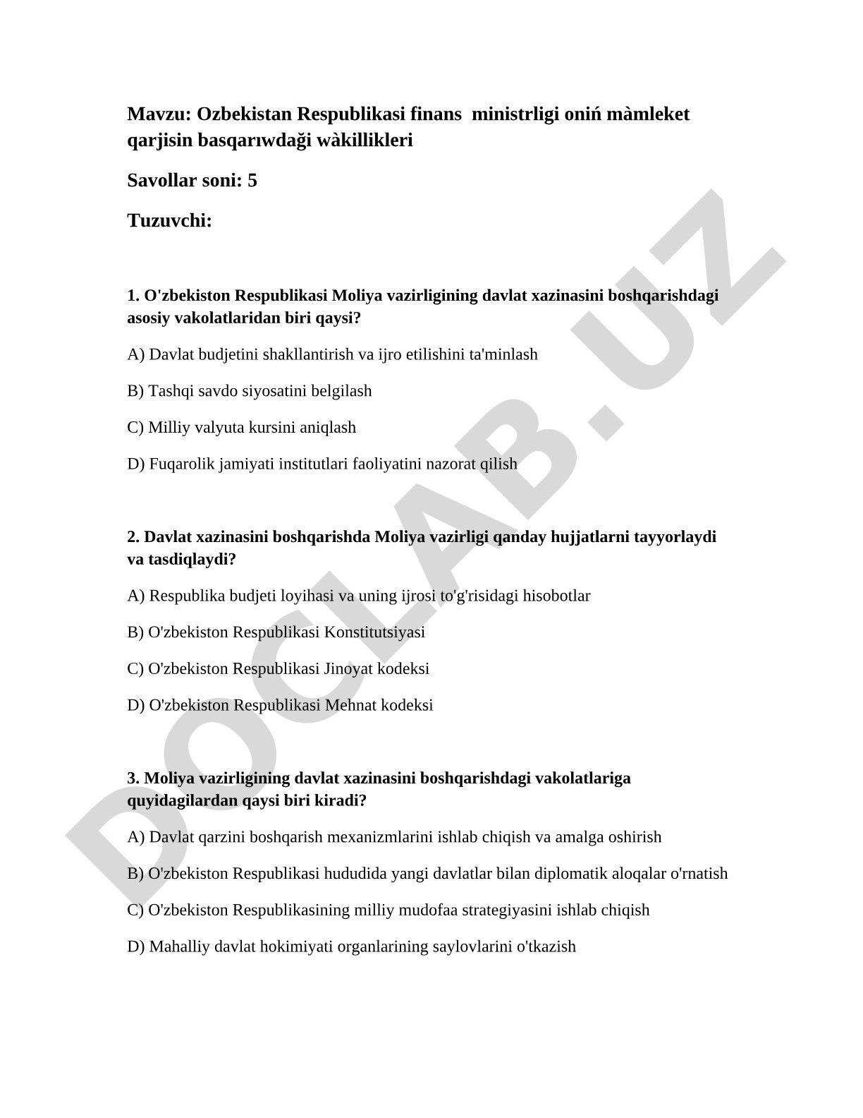 O'zbekiston Respublikasi Moliya vazirligining davlat xazinasini boshqarishdagi vakolatlari